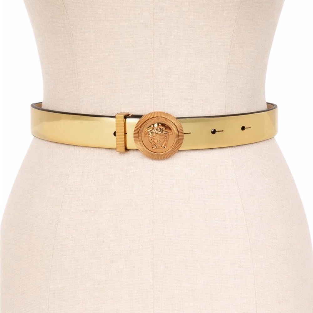 Versace Gold Leather Belt with Medusa Head Decorated Buckle